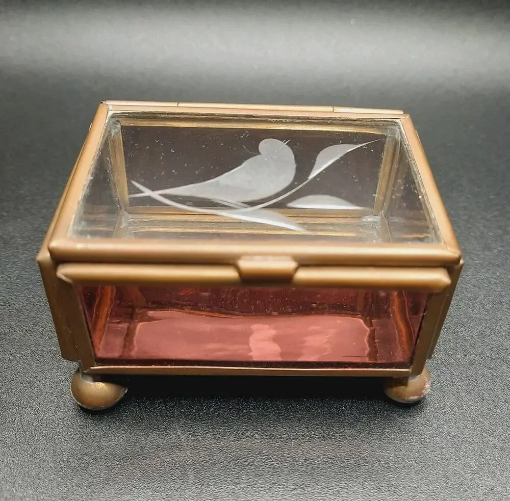 VTG Brass Glass Bird Trinket Box Pink Amethyst Slag Footed Hecho En Mexico